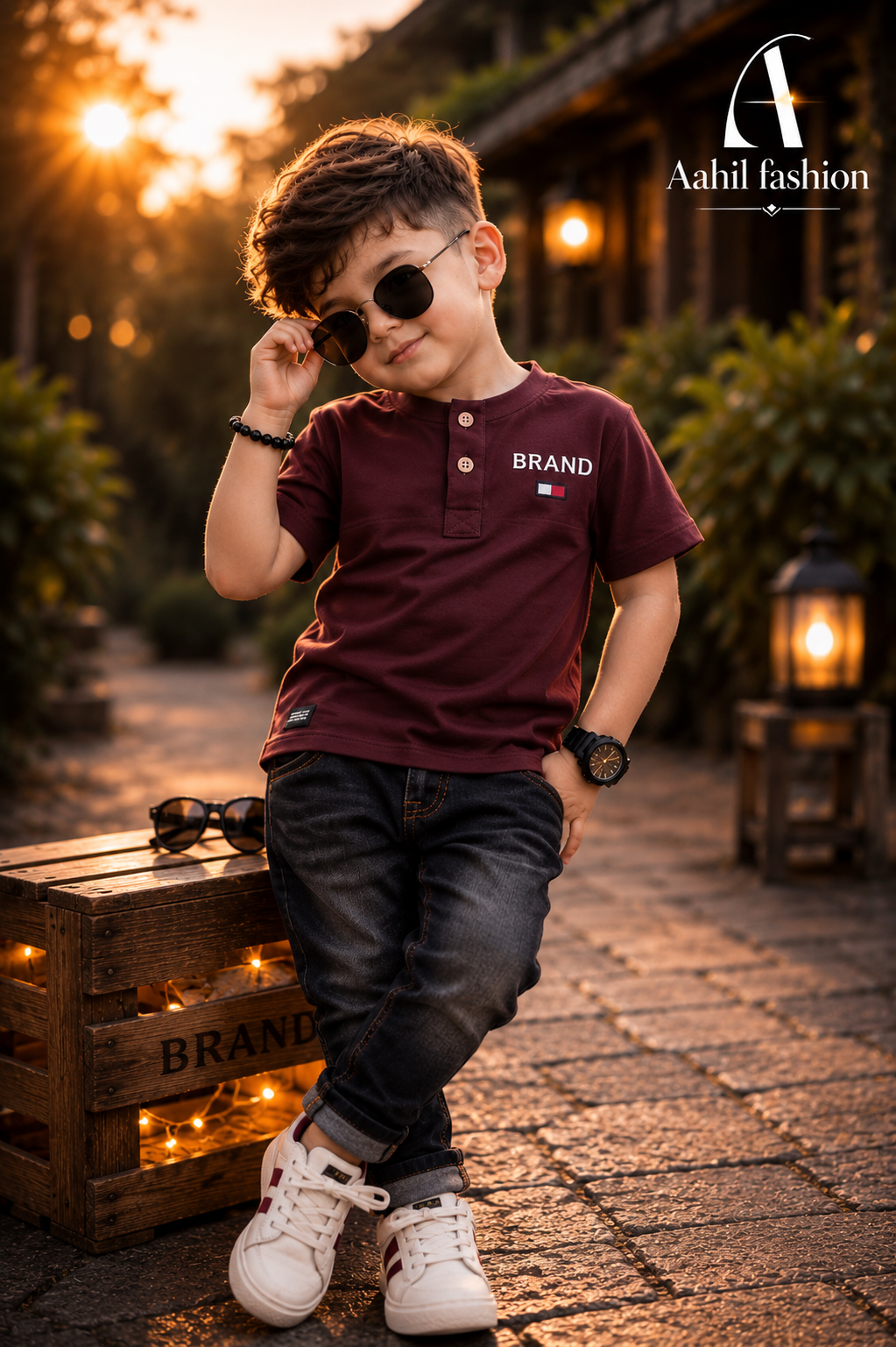 Kids Band Collar T-Shirts Wine Meroon